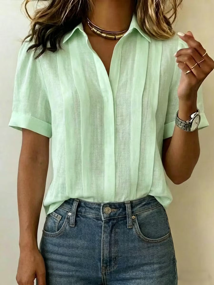 ¡Liquidación! 🔥 Camisetas casuales de manga corta con solapa, plisadas, de algodón y lino para mujer.