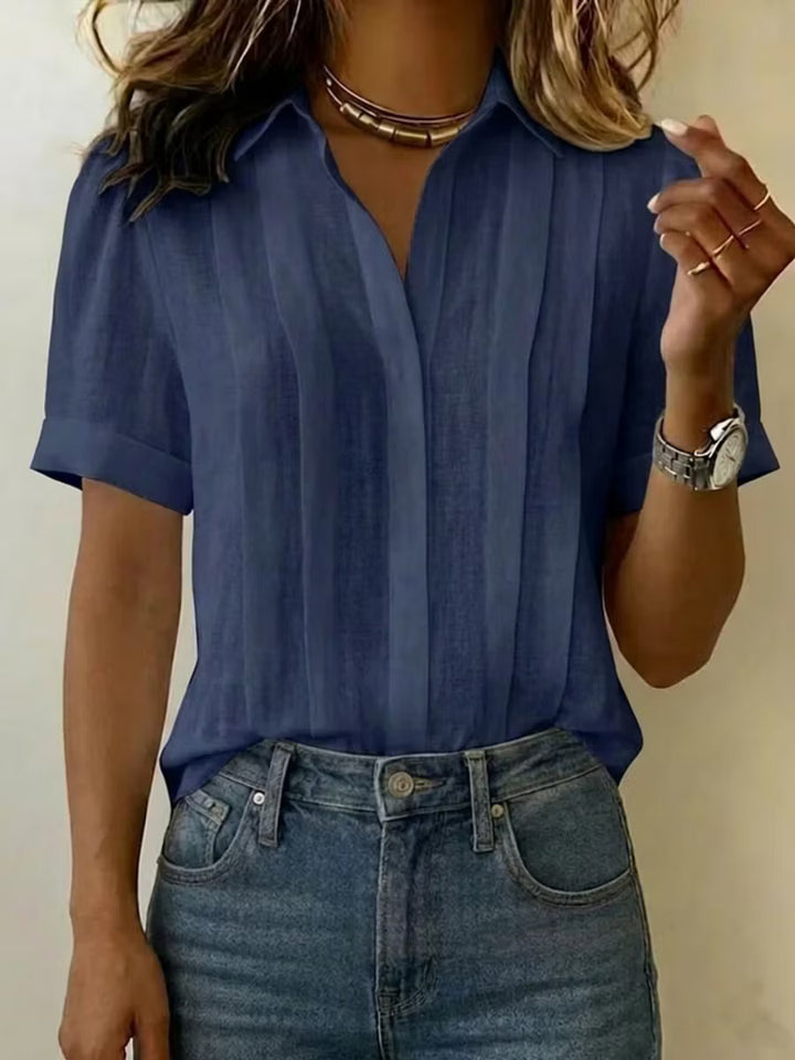 ¡Liquidación! 🔥 Camisetas casuales de manga corta con solapa, plisadas, de algodón y lino para mujer.