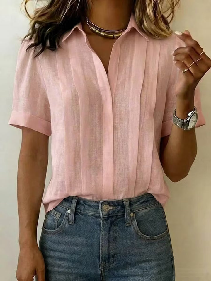 ¡Liquidación! 🔥 Camisetas casuales de manga corta con solapa, plisadas, de algodón y lino para mujer.
