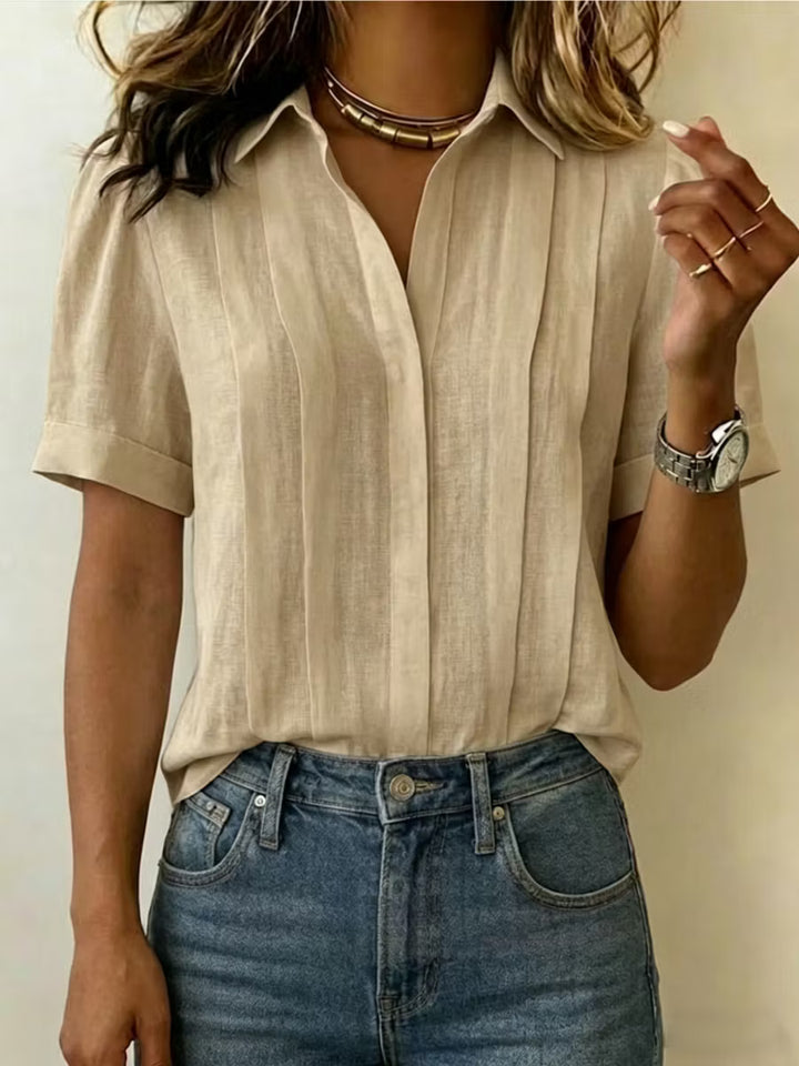 ¡Liquidación! 🔥 Camisetas casuales de manga corta con solapa, plisadas, de algodón y lino para mujer.