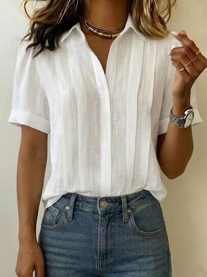 ¡Liquidación! 🔥 Camisetas casuales de manga corta con solapa, plisadas, de algodón y lino para mujer.
